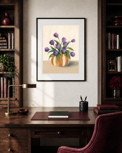 Tulipani Viola nel Vaso a Righe – Stampa digitale da parete