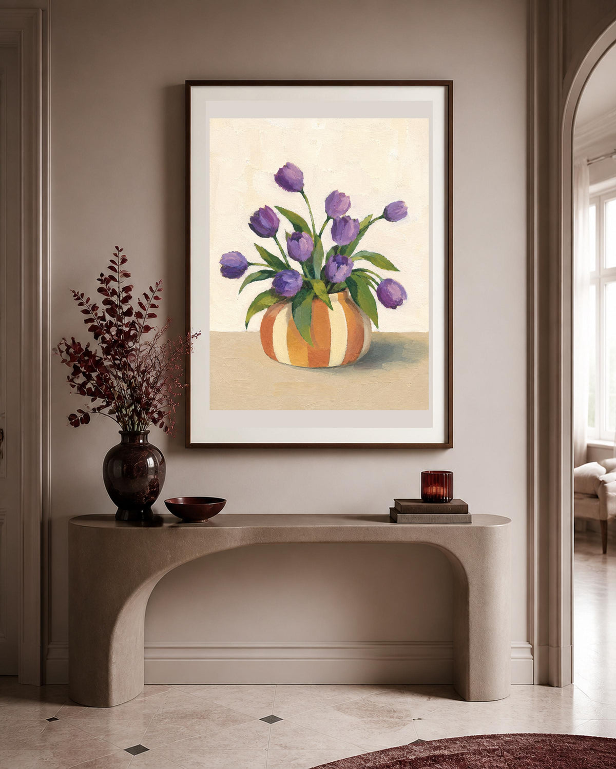 Tulipani Viola nel Vaso a Righe – Stampa digitale da parete