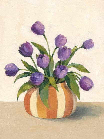 Tulipani Viola nel Vaso a Righe – Stampa digitale da parete