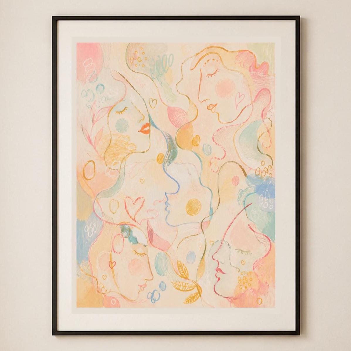 Poster digitale con volti astratti in tonalità pastello da stampare – Conversazioni a Colori