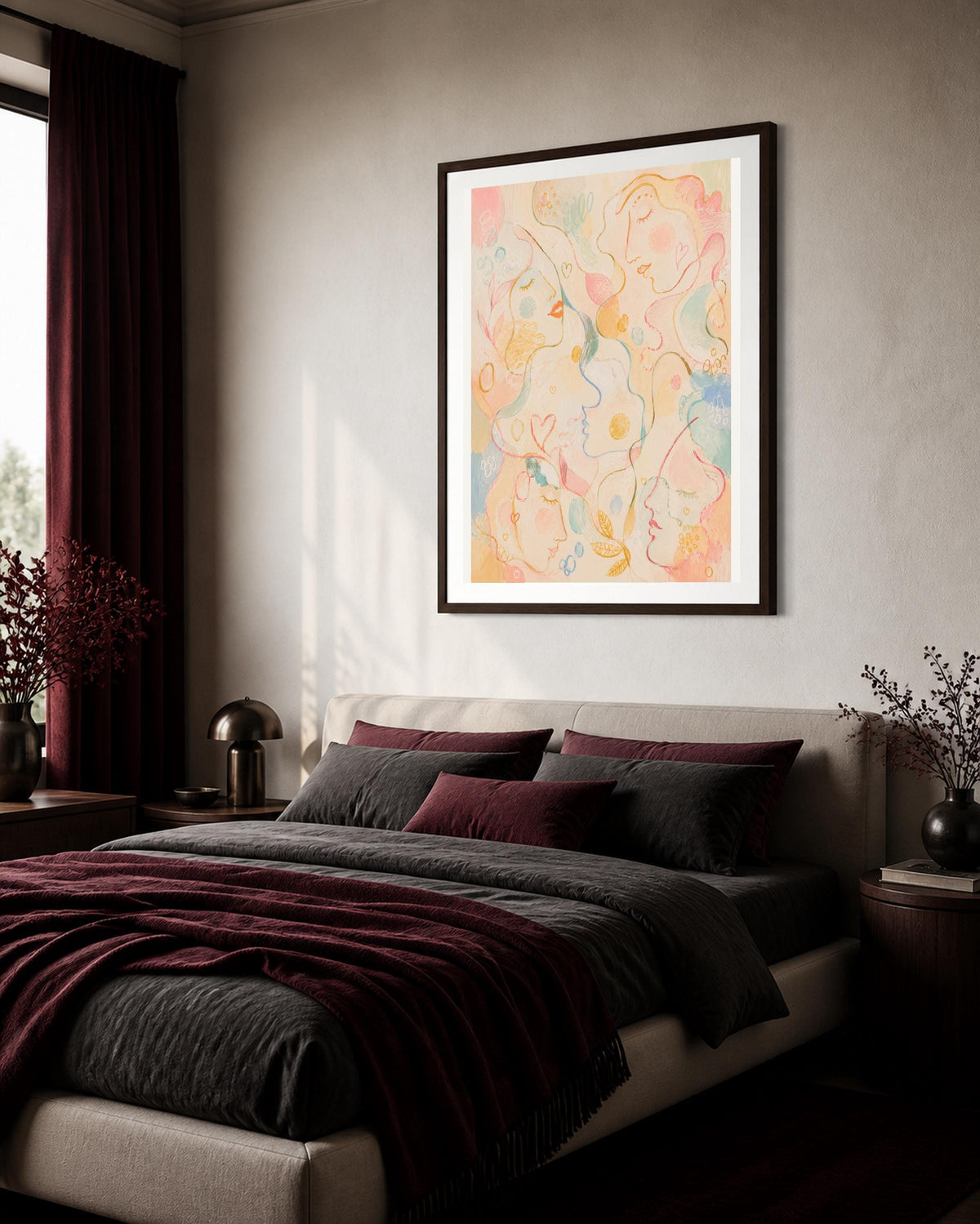 Poster digitale con volti astratti in tonalità pastello da stampare – Conversazioni a Colori