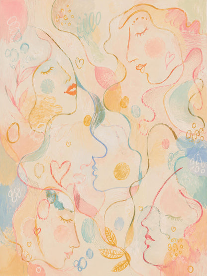Poster digitale con volti astratti in tonalità pastello da stampare – Conversazioni a Colori
