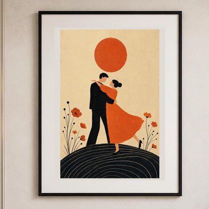 Poster digitale coppia danzante sotto un sole rosso - Danza al Tramonto, file da stampare