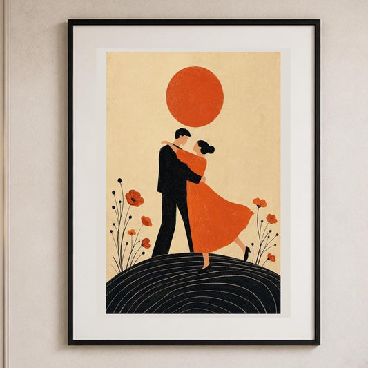 Poster digitale coppia danzante sotto un sole rosso - Danza al Tramonto, file da stampare
