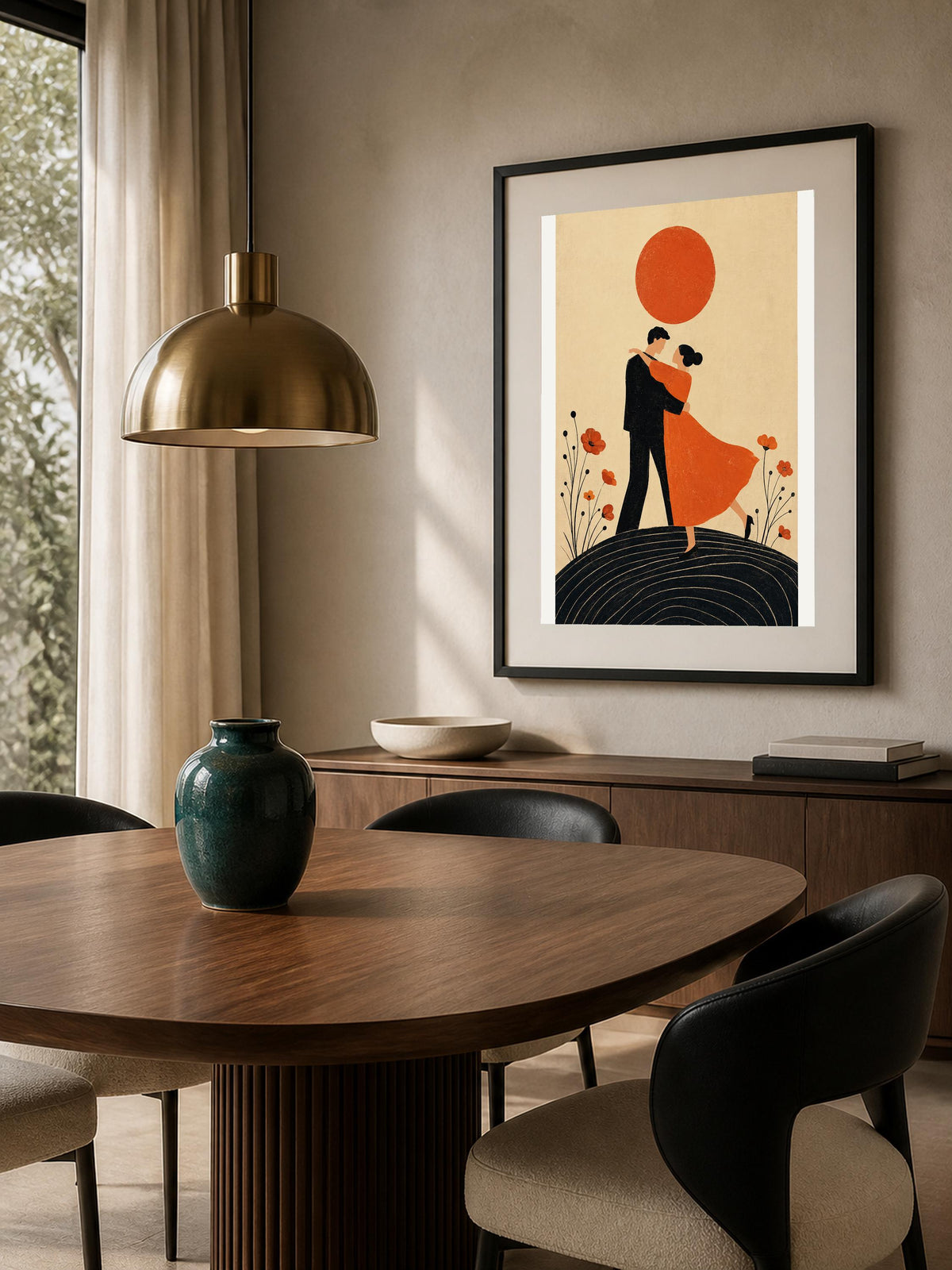 Poster digitale coppia danzante sotto un sole rosso - Danza al Tramonto, file da stampare