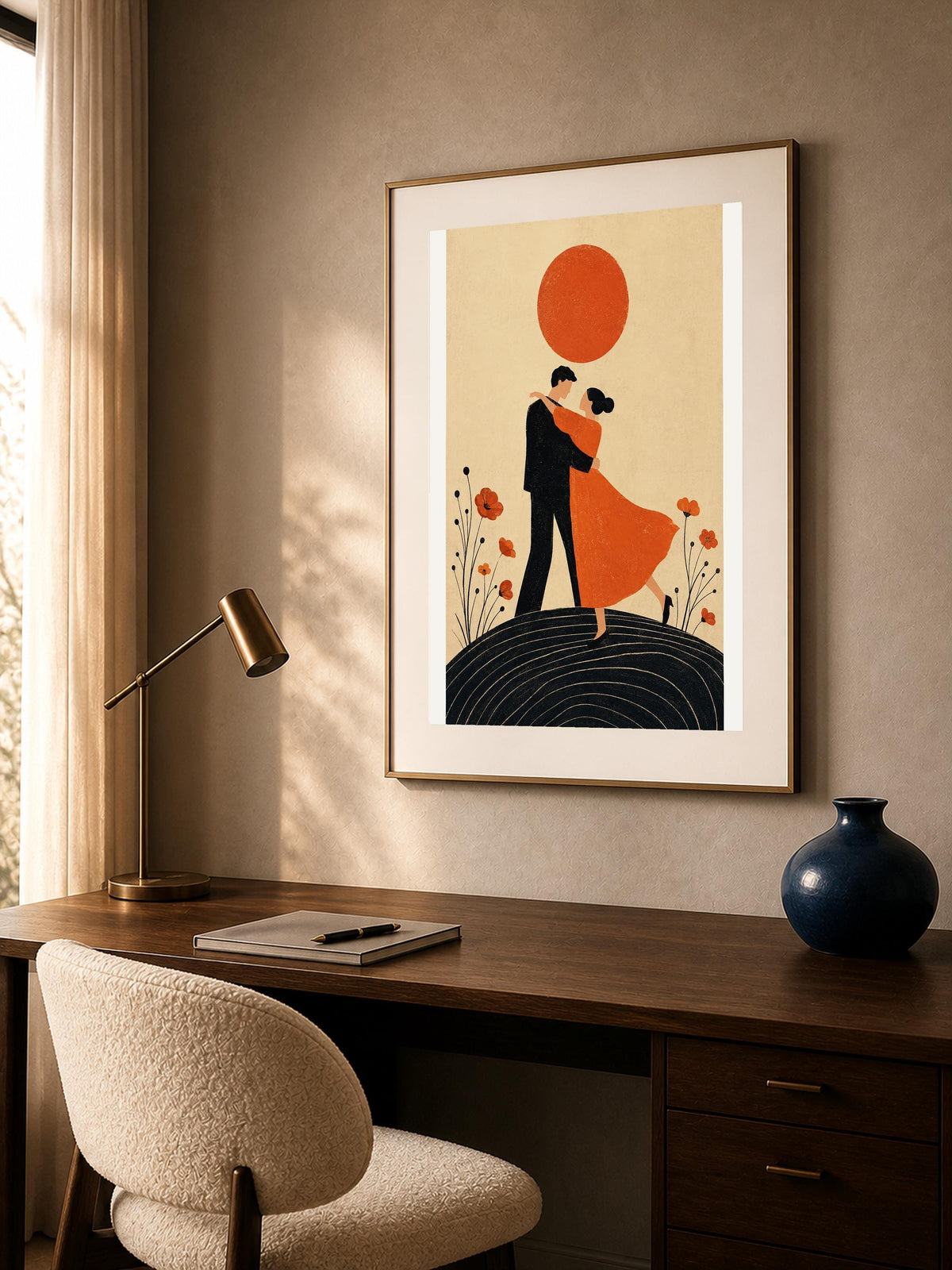 Poster digitale coppia danzante sotto un sole rosso - Danza al Tramonto, file da stampare