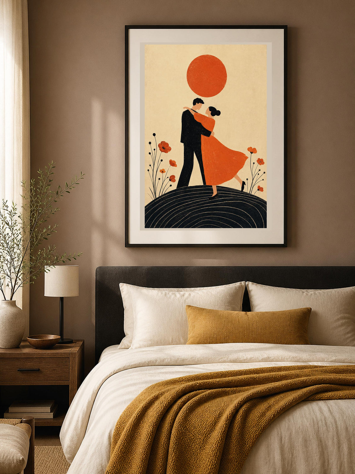 Poster digitale coppia danzante sotto un sole rosso - Danza al Tramonto, file da stampare