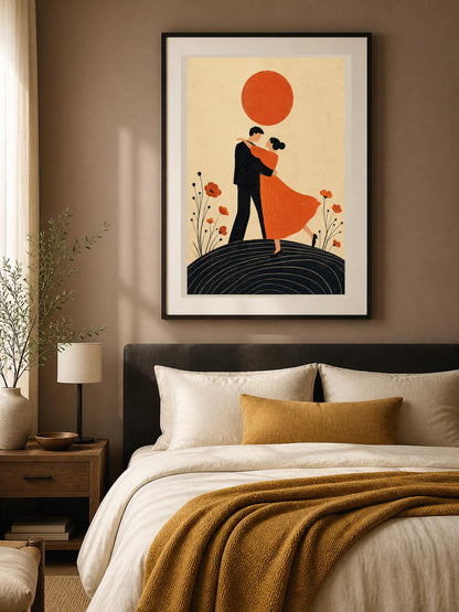 Poster digitale coppia danzante sotto un sole rosso - Danza al Tramonto, file da stampare