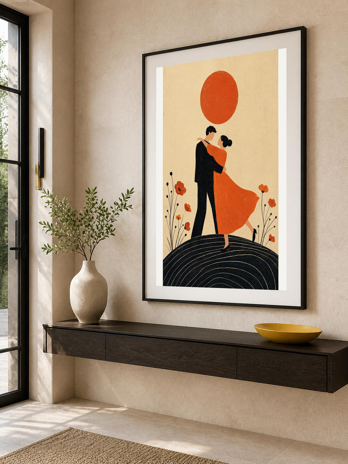 Poster digitale coppia danzante sotto un sole rosso - Danza al Tramonto, file da stampare