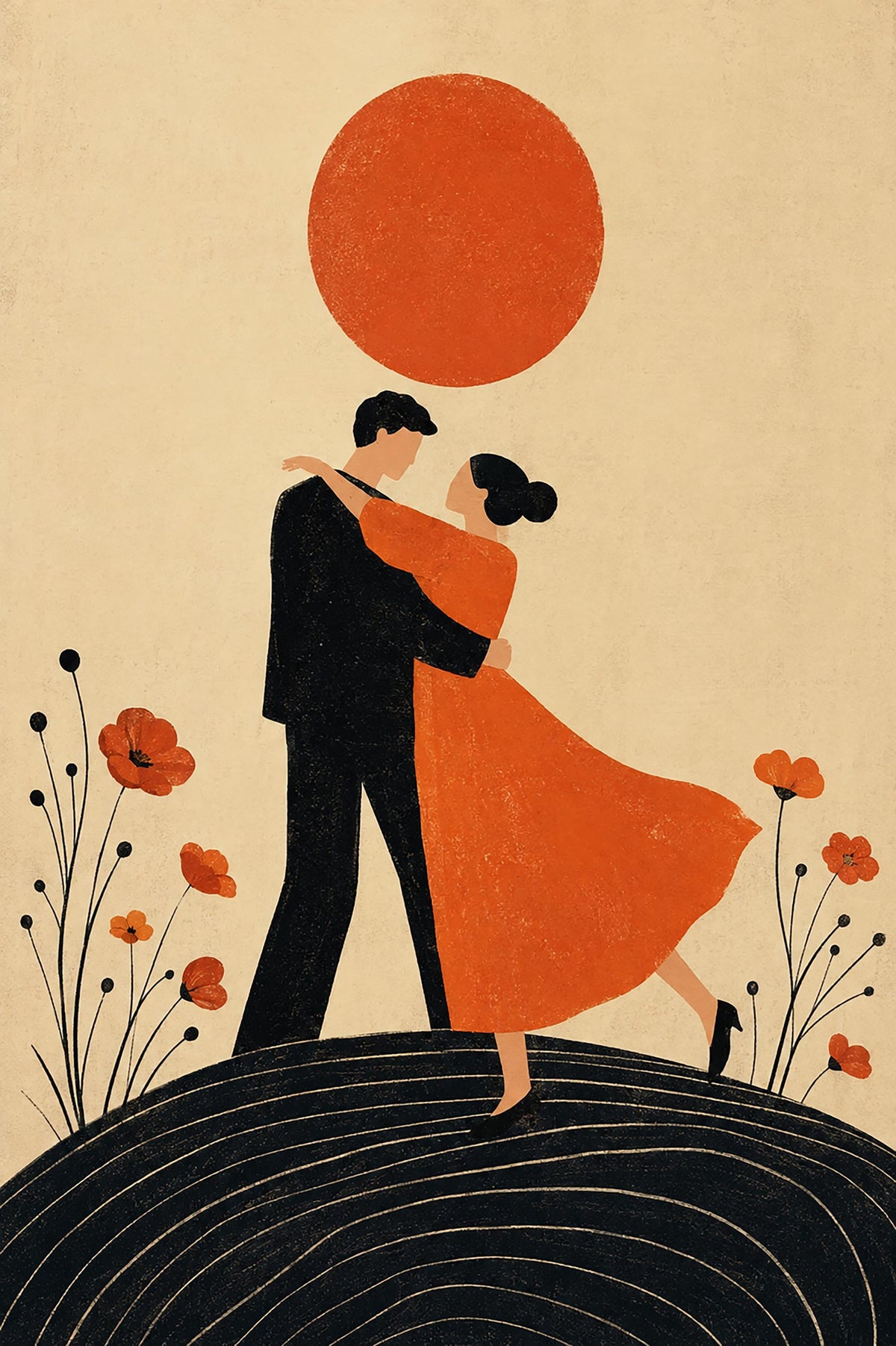 Poster digitale coppia danzante sotto un sole rosso - Danza al Tramonto, file da stampare
