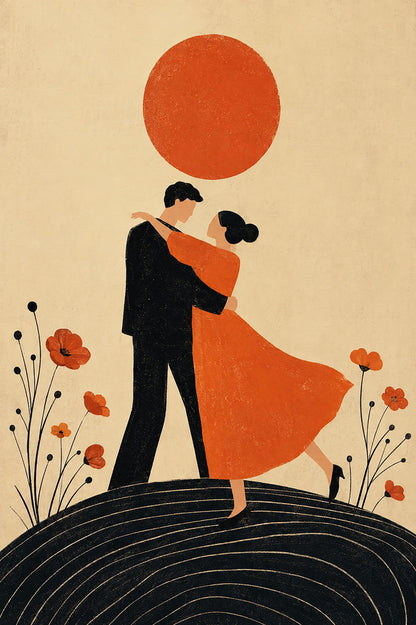Poster digitale coppia danzante sotto un sole rosso - Danza al Tramonto, file da stampare