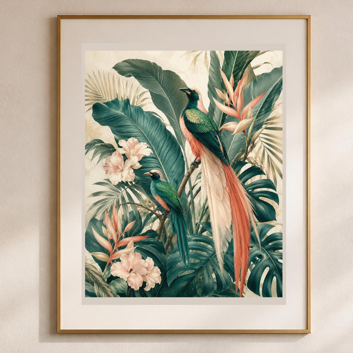Poster digitale uccelli tra foglie e fiori tropicali - Paradiso Tropicale, file da stampare