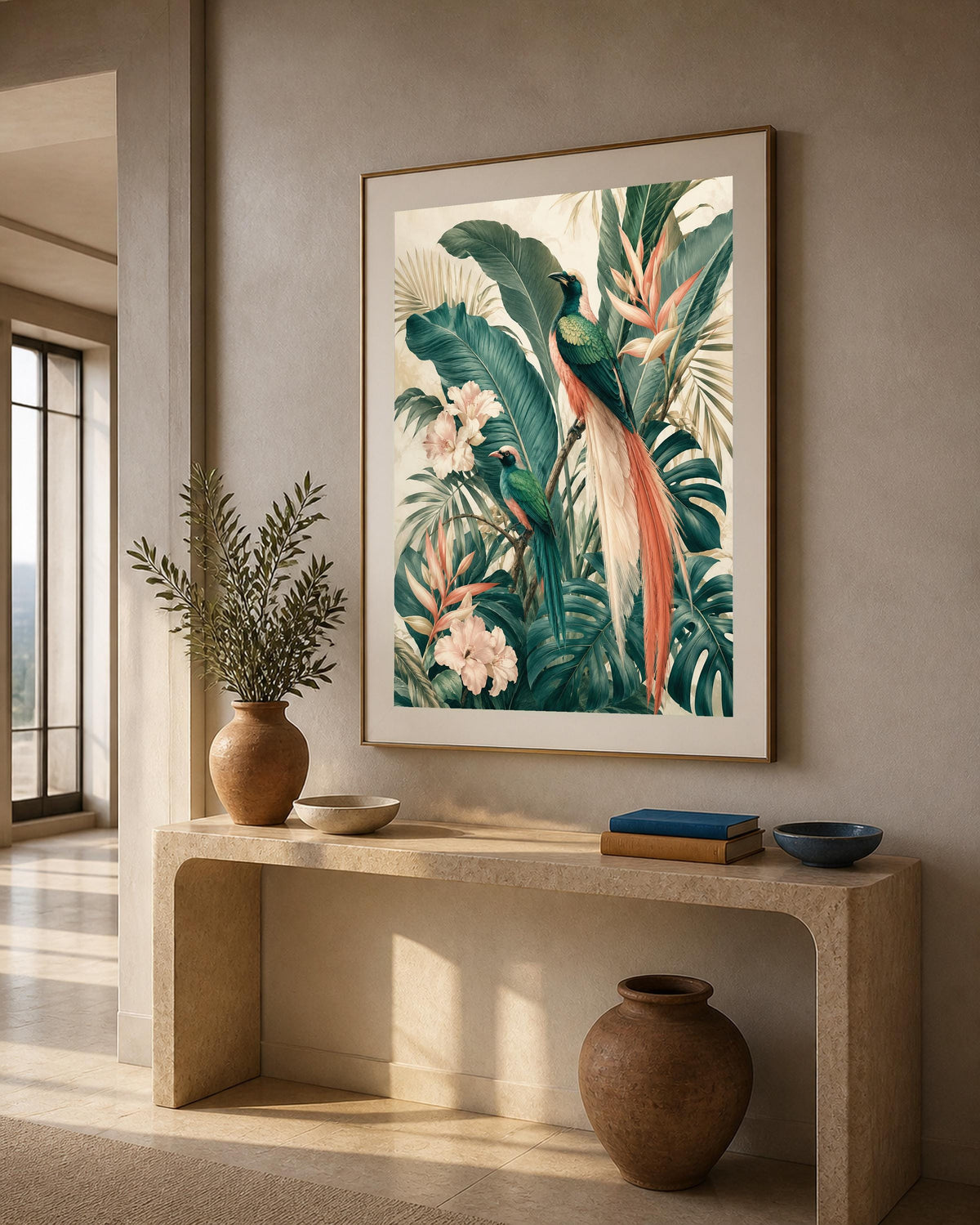 Poster digitale uccelli tra foglie e fiori tropicali - Paradiso Tropicale, file da stampare
