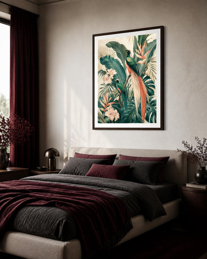 Poster digitale uccelli tra foglie e fiori tropicali - Paradiso Tropicale, file da stampare