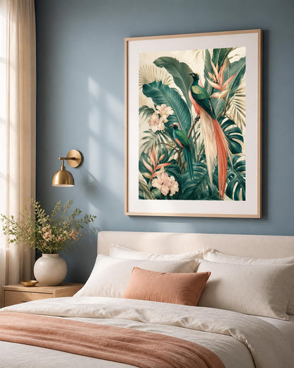 Poster digitale uccelli tra foglie e fiori tropicali - Paradiso Tropicale, file da stampare