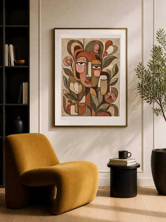 Poster digitale volti astratti tra forme floreali - Volti nel Giardino, file da stampare