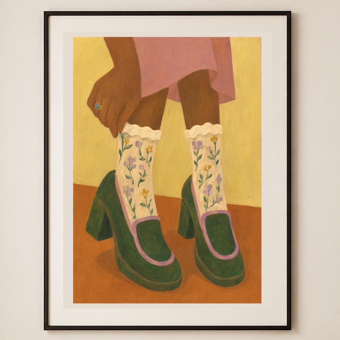 Scarpe verdi con plateau e calze floreali, poster digitale da stampare – Domenica in Scarpe Verdi