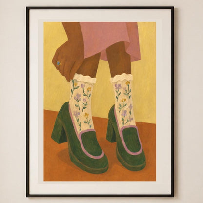 Scarpe verdi con plateau e calze floreali, poster digitale da stampare – Domenica in Scarpe Verdi