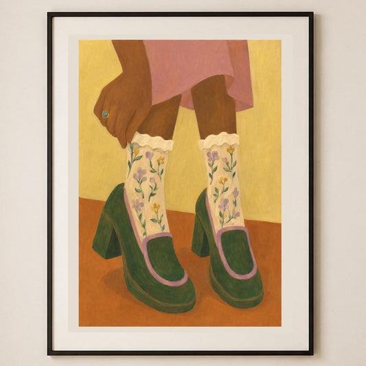 Scarpe verdi con plateau e calze floreali, poster digitale da stampare – Domenica in Scarpe Verdi