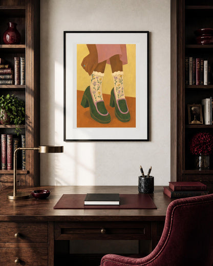 Scarpe verdi con plateau e calze floreali, poster digitale da stampare – Domenica in Scarpe Verdi