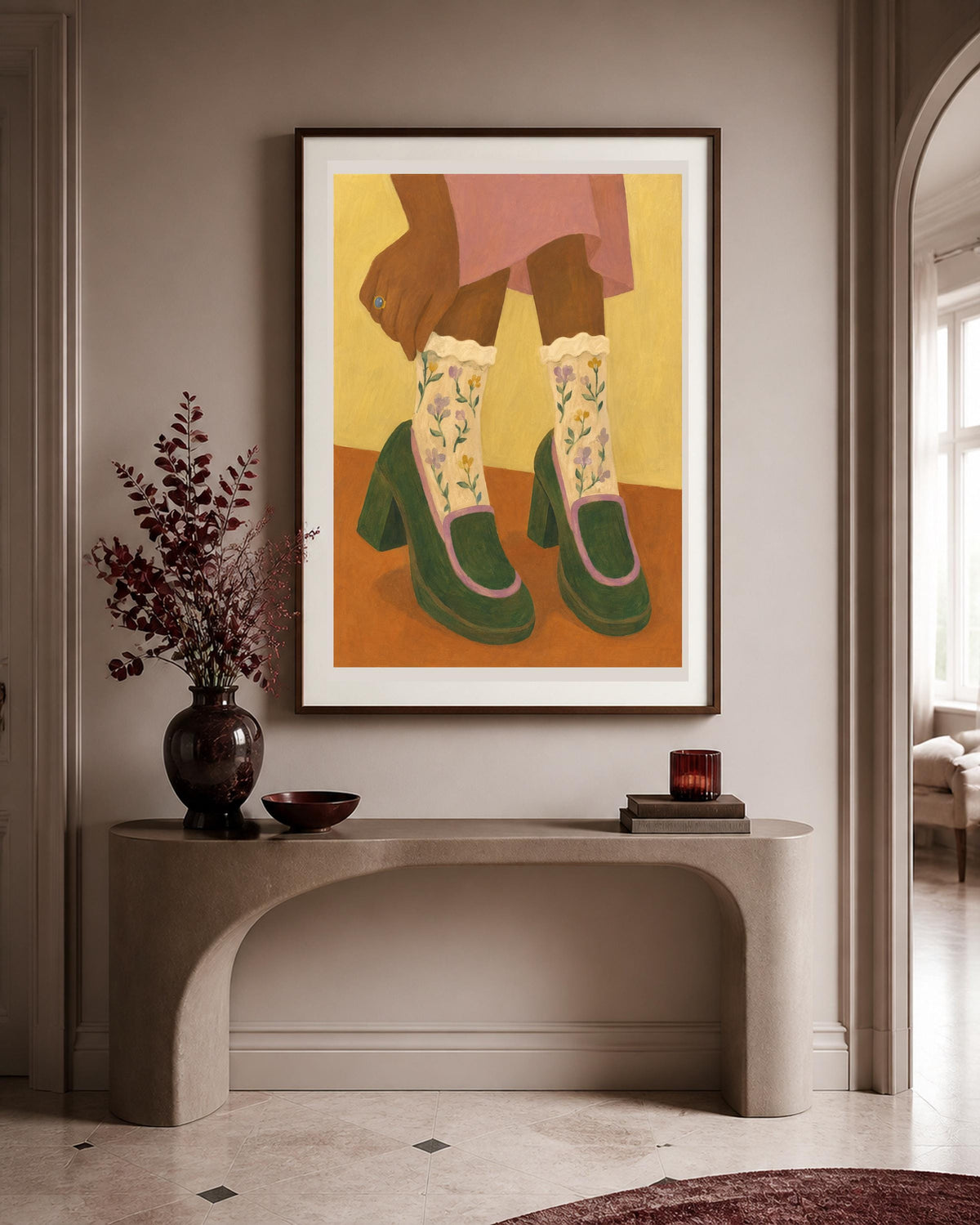 Scarpe verdi con plateau e calze floreali, poster digitale da stampare – Domenica in Scarpe Verdi