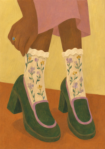 Scarpe verdi con plateau e calze floreali, poster digitale da stampare – Domenica in Scarpe Verdi