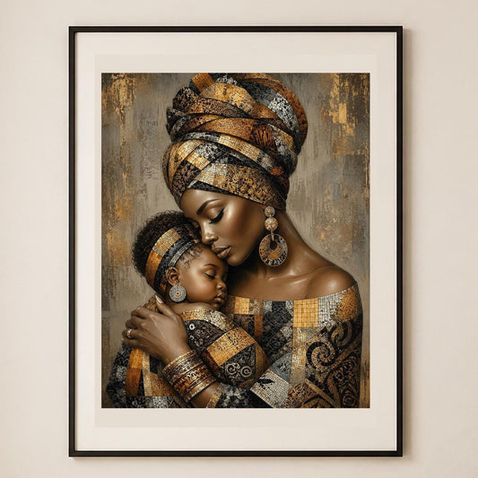 Poster digitale ritratto di madre e bambino - Abbraccio d'Oro, file da stampare