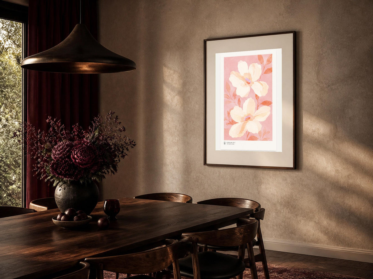 Poster digitale Bloom in Light con magnolie rosa, arte botanica cottagecore