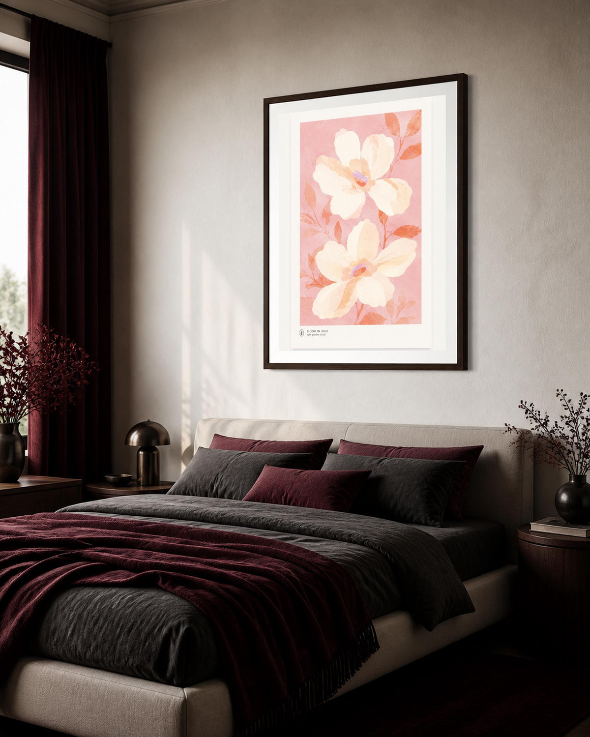 Poster digitale Bloom in Light con magnolie rosa, arte botanica cottagecore