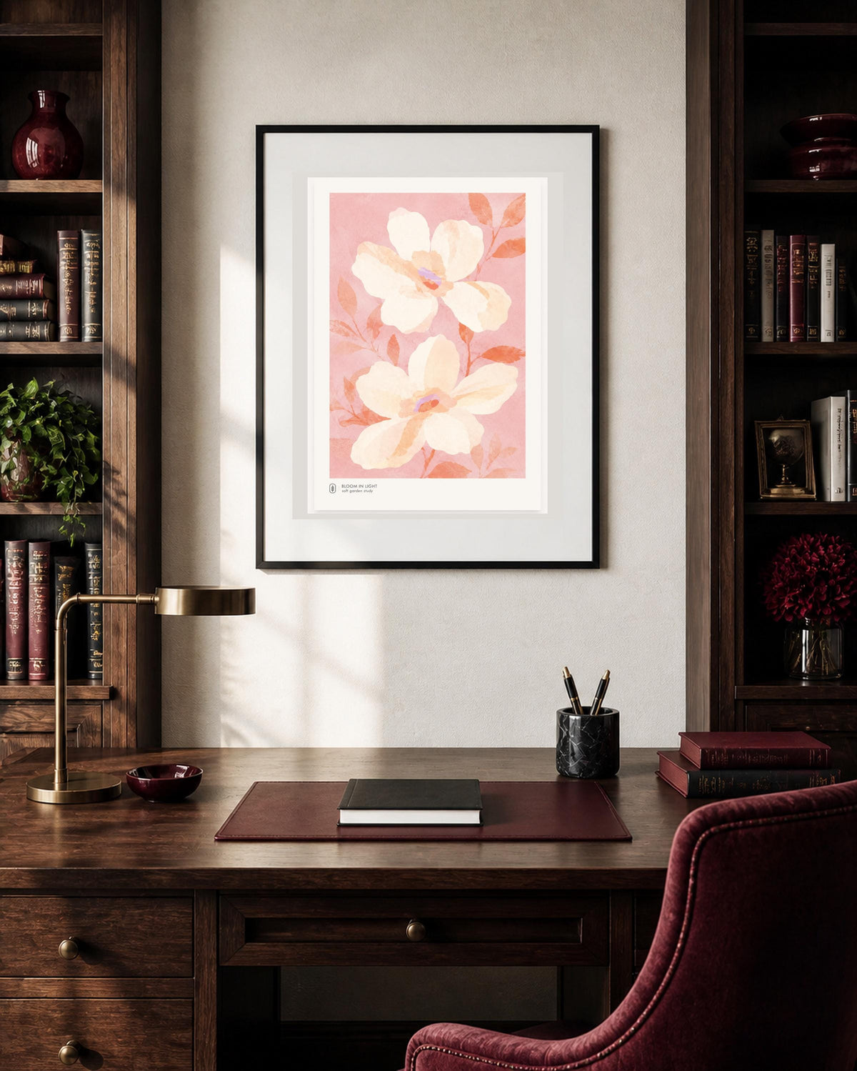 Poster digitale Bloom in Light con magnolie rosa, arte botanica cottagecore