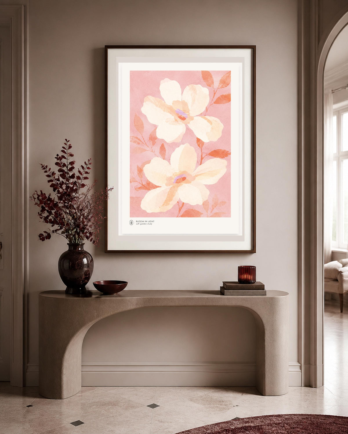 Poster digitale Bloom in Light con magnolie rosa, arte botanica cottagecore