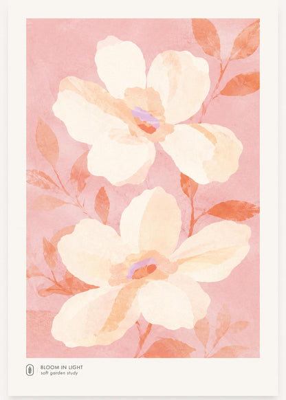 Poster digitale Bloom in Light con magnolie rosa, arte botanica cottagecore