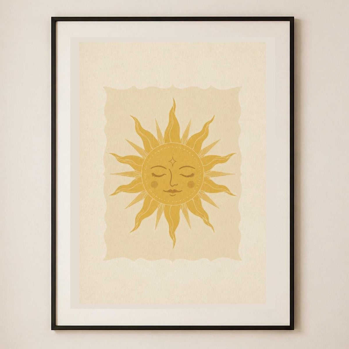 Poster digitale con sole boho dorato, arte celestiale mistica da stampare