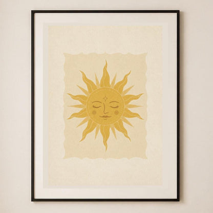 Poster digitale con sole boho dorato, arte celestiale mistica da stampare