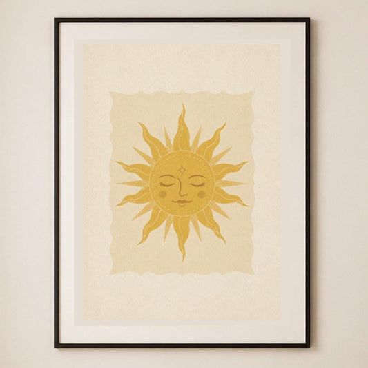 Poster digitale con sole boho dorato, arte celestiale mistica da stampare
