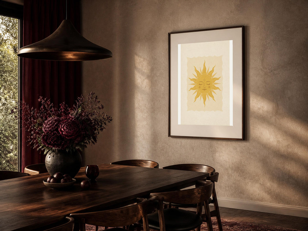 Poster digitale con sole boho dorato, arte celestiale mistica da stampare