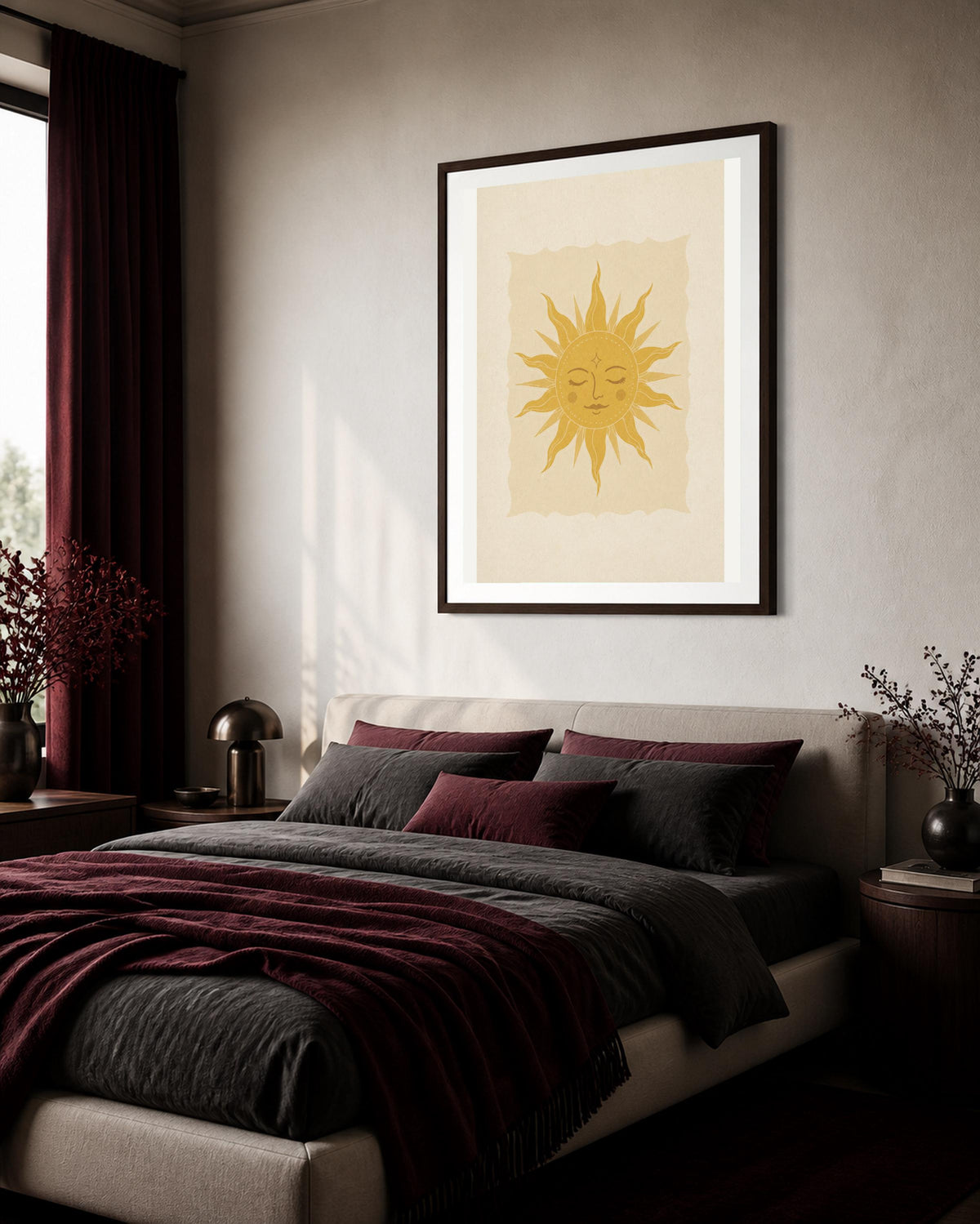 Poster digitale con sole boho dorato, arte celestiale mistica da stampare