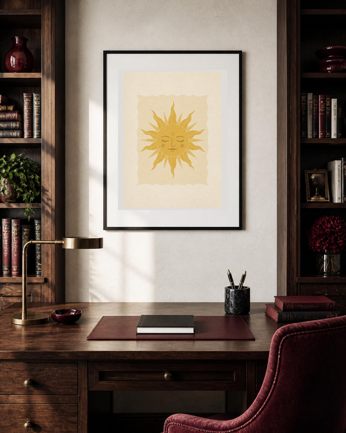 Poster digitale con sole boho dorato, arte celestiale mistica da stampare