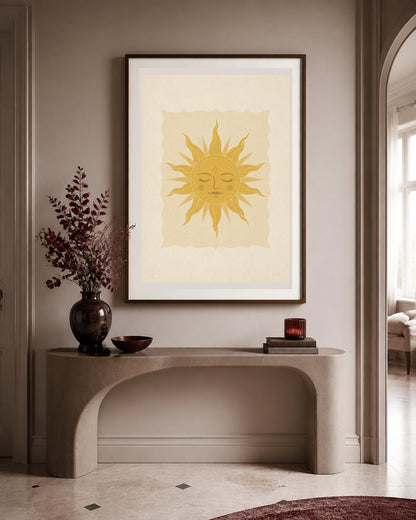 Poster digitale con sole boho dorato, arte celestiale mistica da stampare