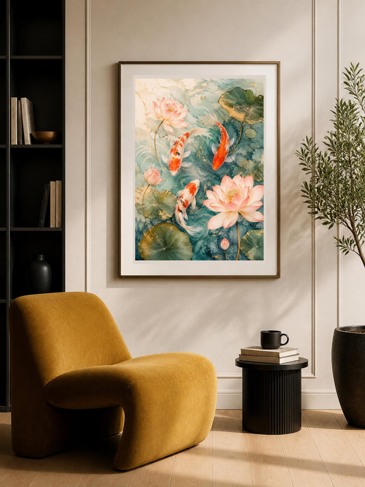 Poster digitale carpe koi tra ninfee - Ninfee e Koi, file da stampare