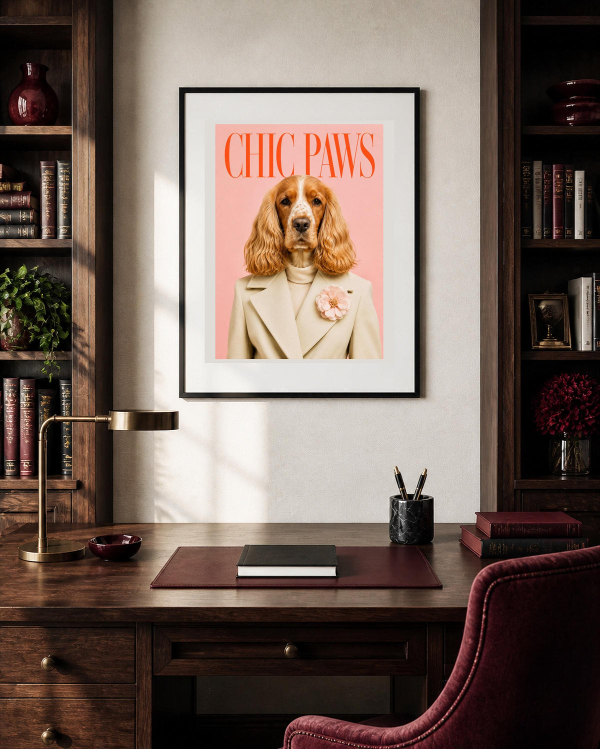 Cocker spaniel su sfondo rosa, poster digitale da stampare – La Dama Cocker in Rosa
