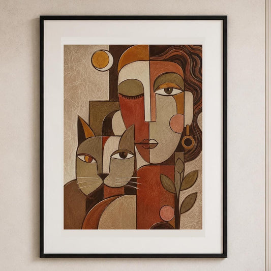 Poster digitale ritratto cubista di donna con gatto - Donna e Gatto, file da stampare