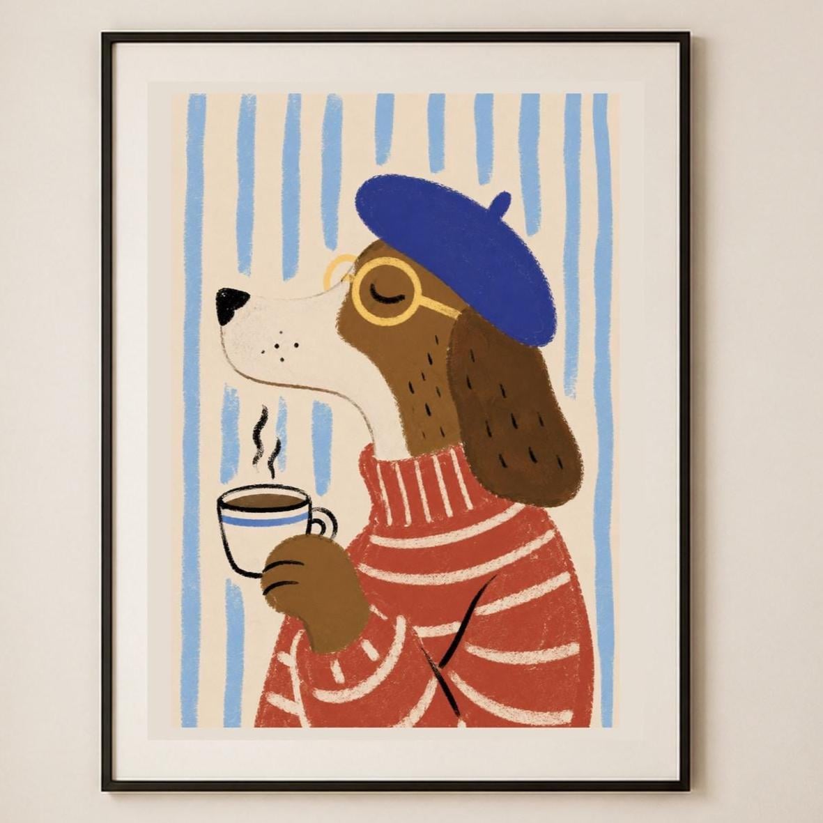 Poster digitale con cane che beve caffè, illustrazione parigina divertente