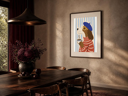 Poster digitale con cane che beve caffè, illustrazione parigina divertente