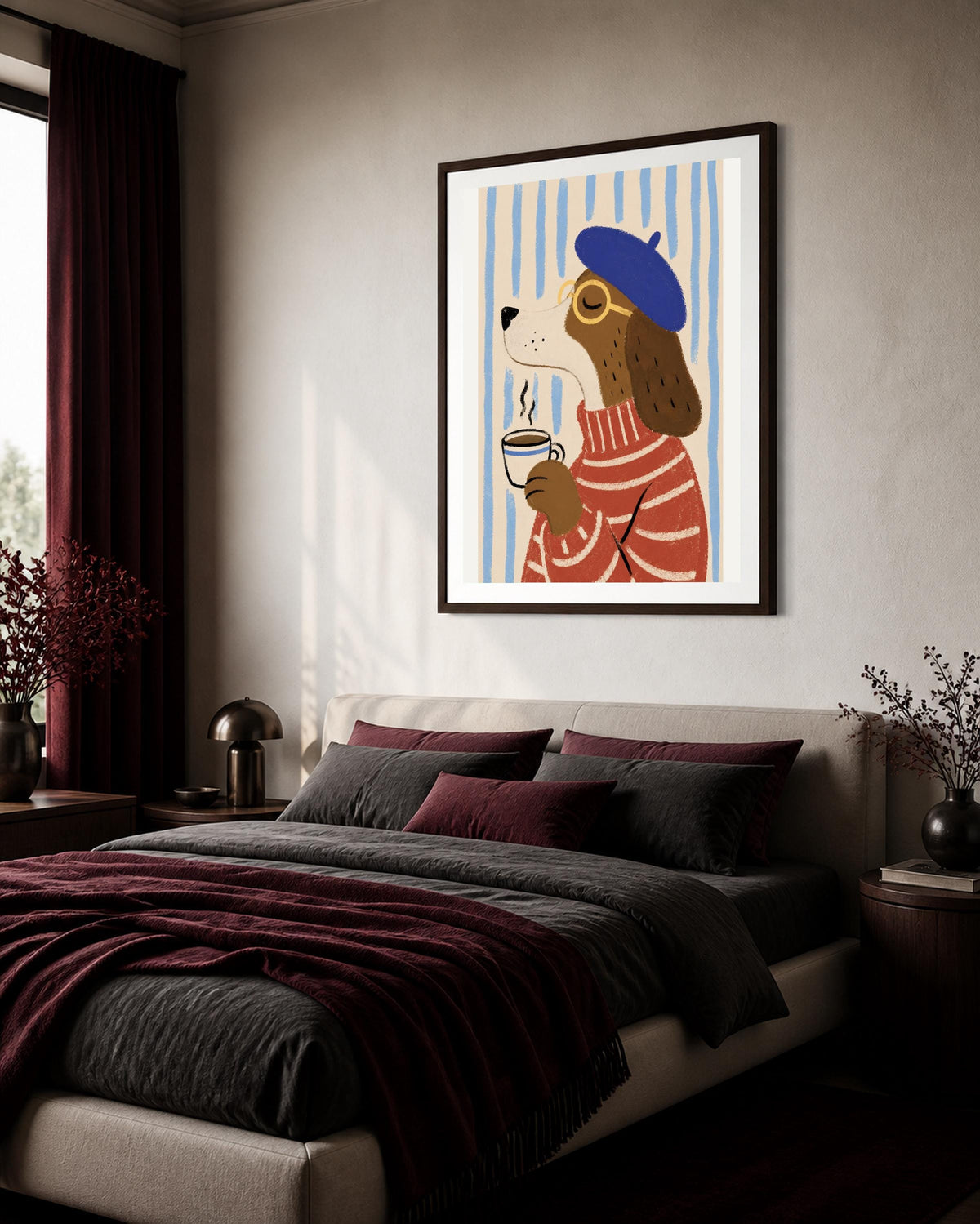 Poster digitale con cane che beve caffè, illustrazione parigina divertente