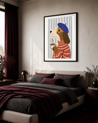 Poster digitale con cane che beve caffè, illustrazione parigina divertente