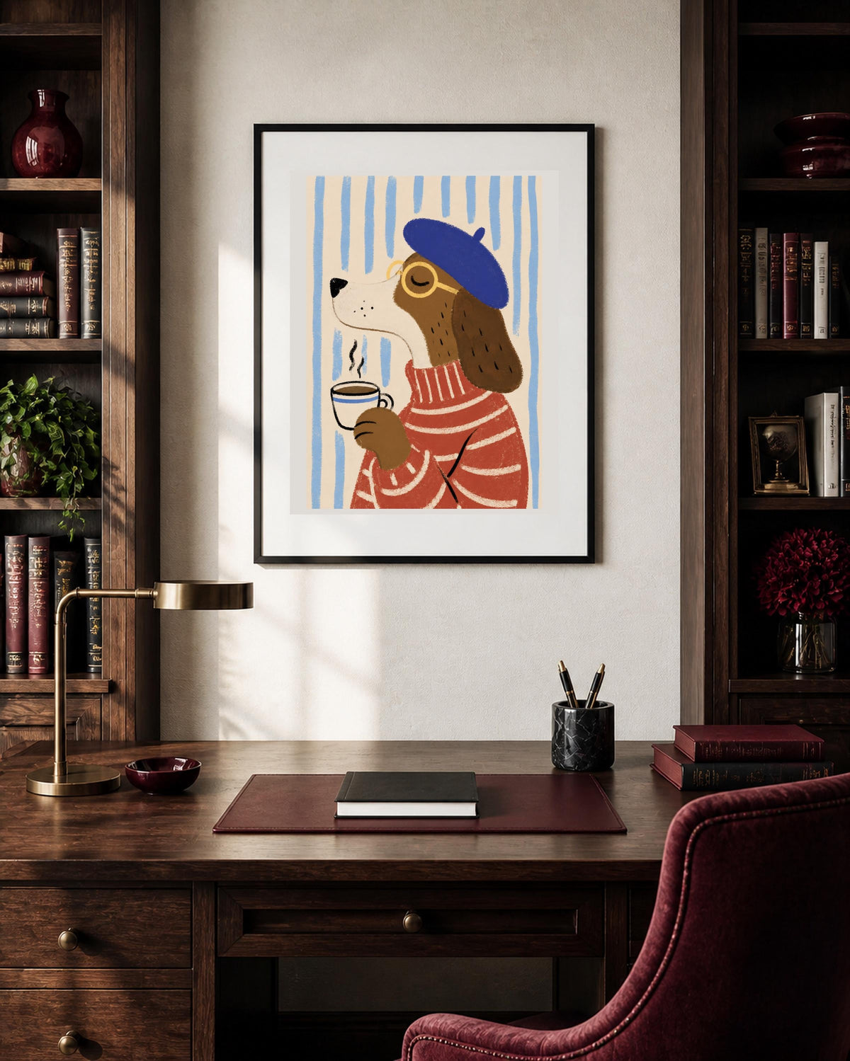 Poster digitale con cane che beve caffè, illustrazione parigina divertente