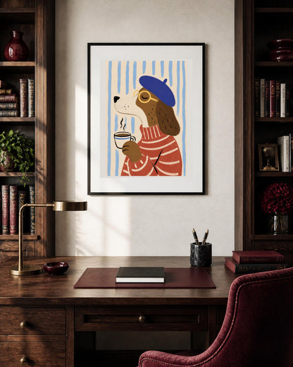 Poster digitale con cane che beve caffè, illustrazione parigina divertente