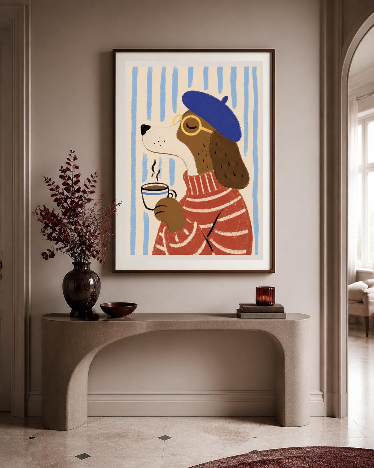 Poster digitale con cane che beve caffè, illustrazione parigina divertente