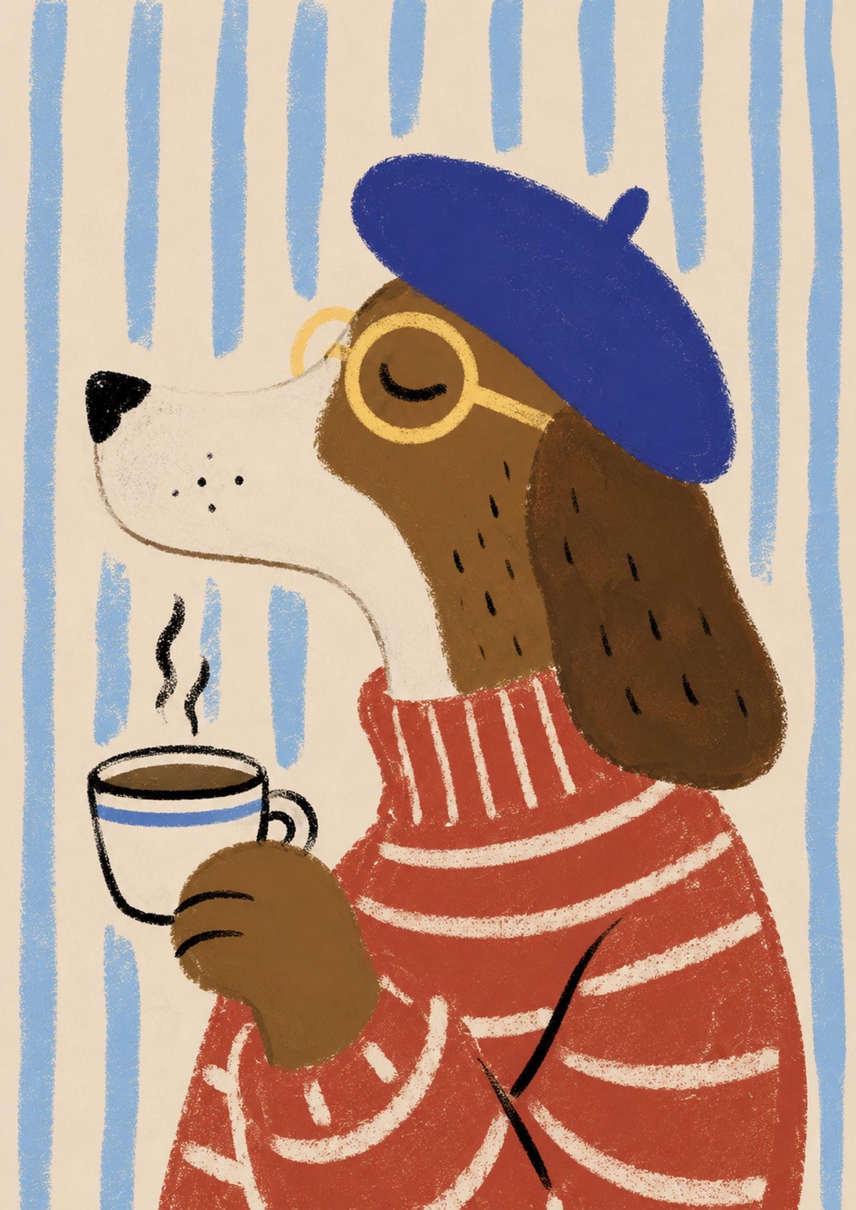 Poster digitale con cane che beve caffè, illustrazione parigina divertente
